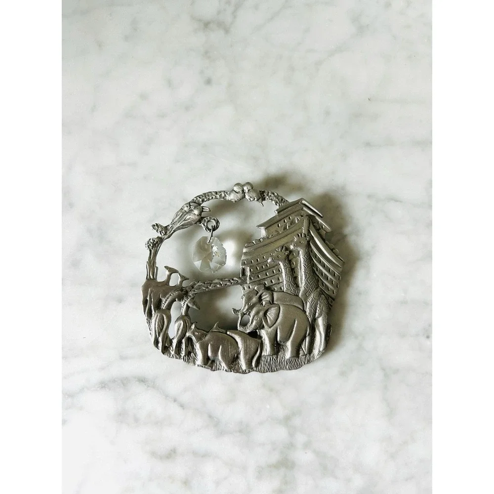 Vintage Pewter Noah's Ark Suncatcher Ornament 3D Animals Giraffes Elephants